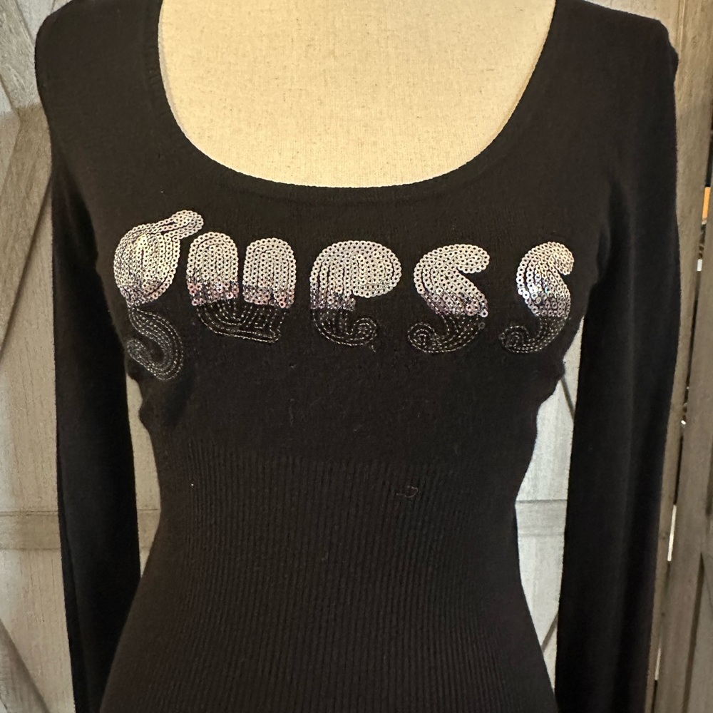 Guess Black Sequin Logo Long Sleeve Top